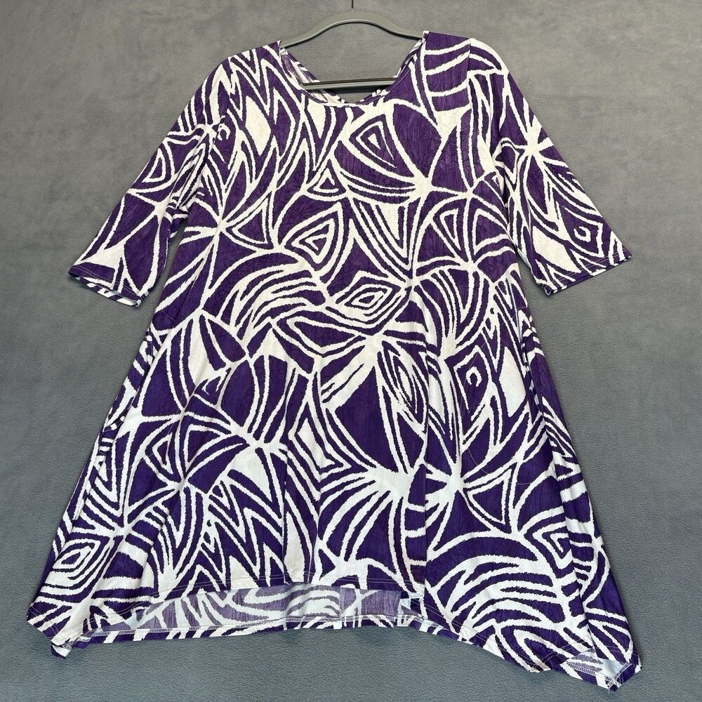 IC by Connie K Top Size Large Purple White Abstract Swing Tunic 3/4 Sleeve